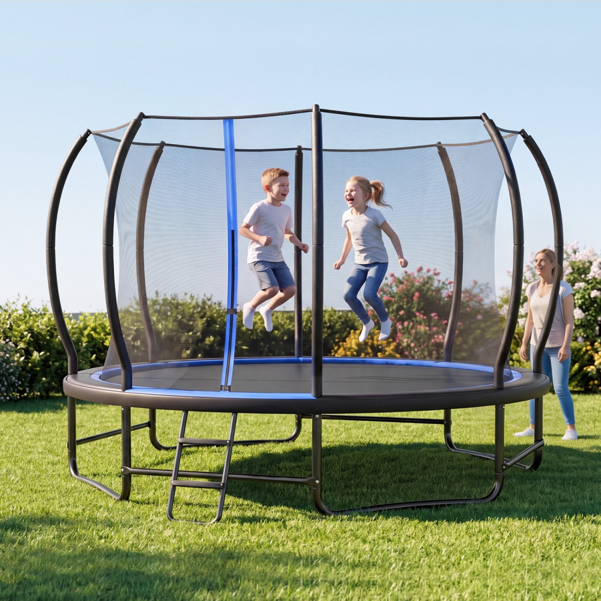 SP38928BL- 14 ft. Outdoor Recreational Trampoline with 4 Stabilizer Bars for Backyard, Blue