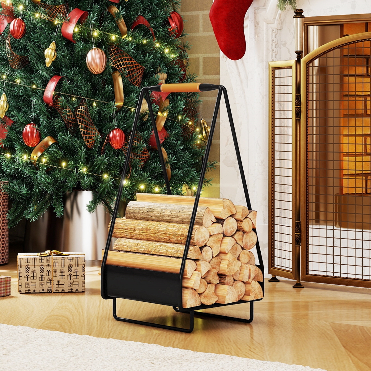 TA10100 Firewood Storage Rack Heavy-Duty Metal Log Holder with Handle & Square Rack