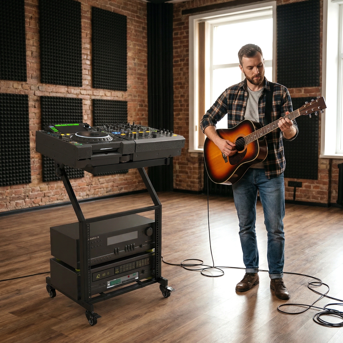 TD10056 2 Layer Professional Audio Rack Mount with Adjustable Crossbars - Black
