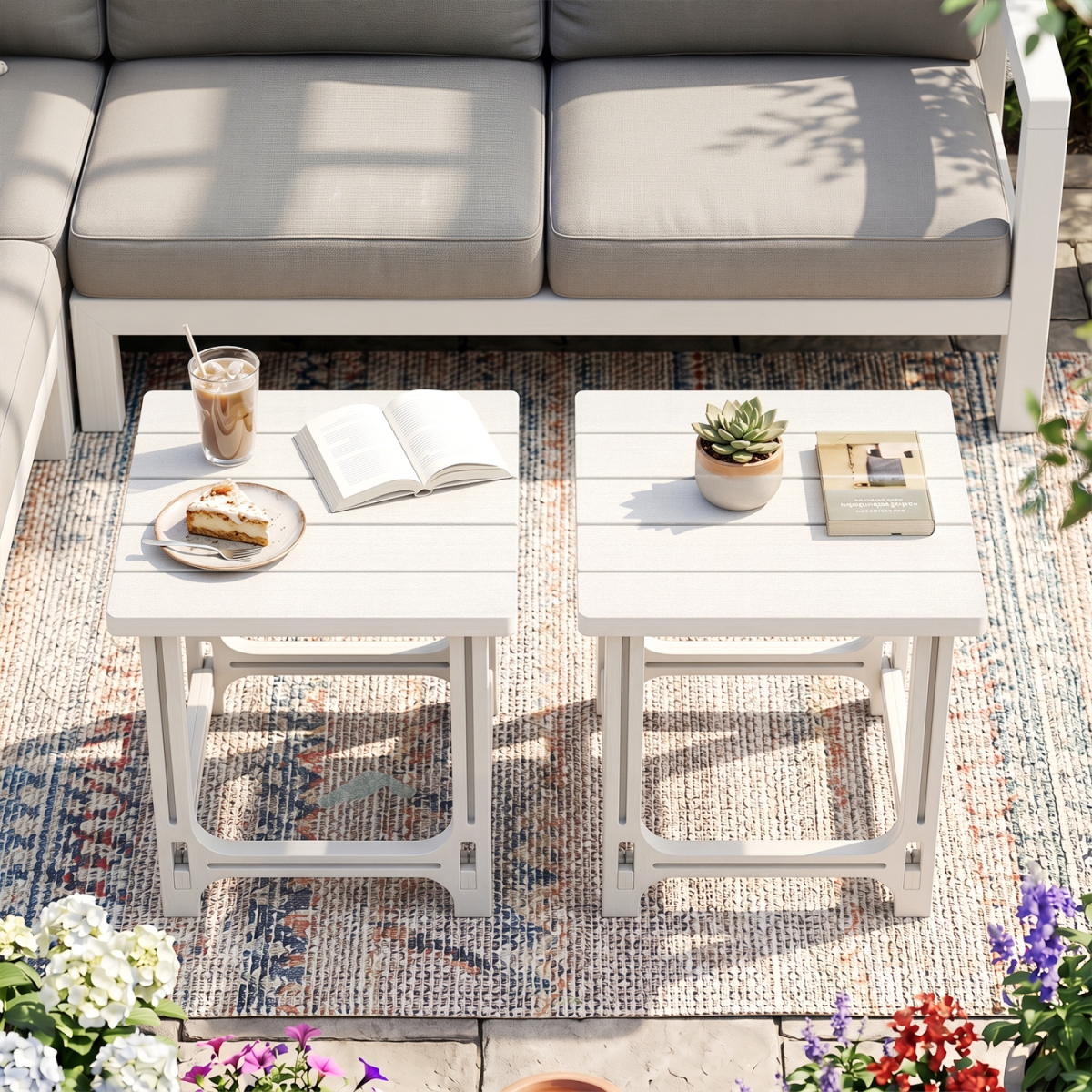 NP13790WH-2 18 in. Outdoor Adirondack Side Table with Slatted Surface - White - Set of 2