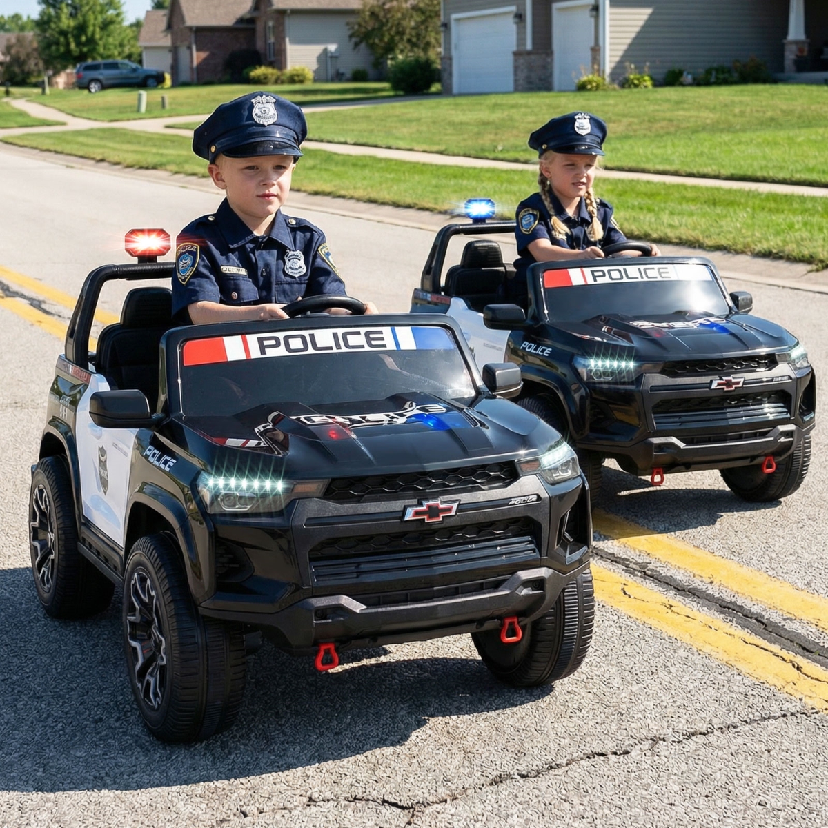 TQ10390US-PL 24V 2-Seater Ride on Police Car 4WD Chevrolet with Megaphone & LED Flashing Lights - Black