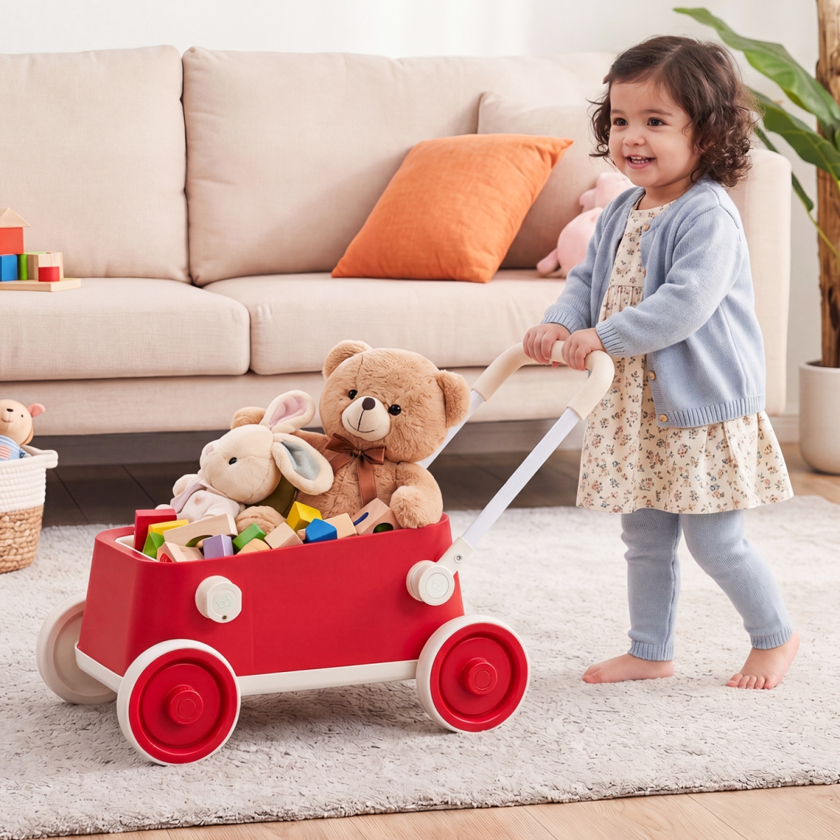 TQ10527RE Baby Push Walker with Wheels & Foldable Handlebar & Storage Basket - Red