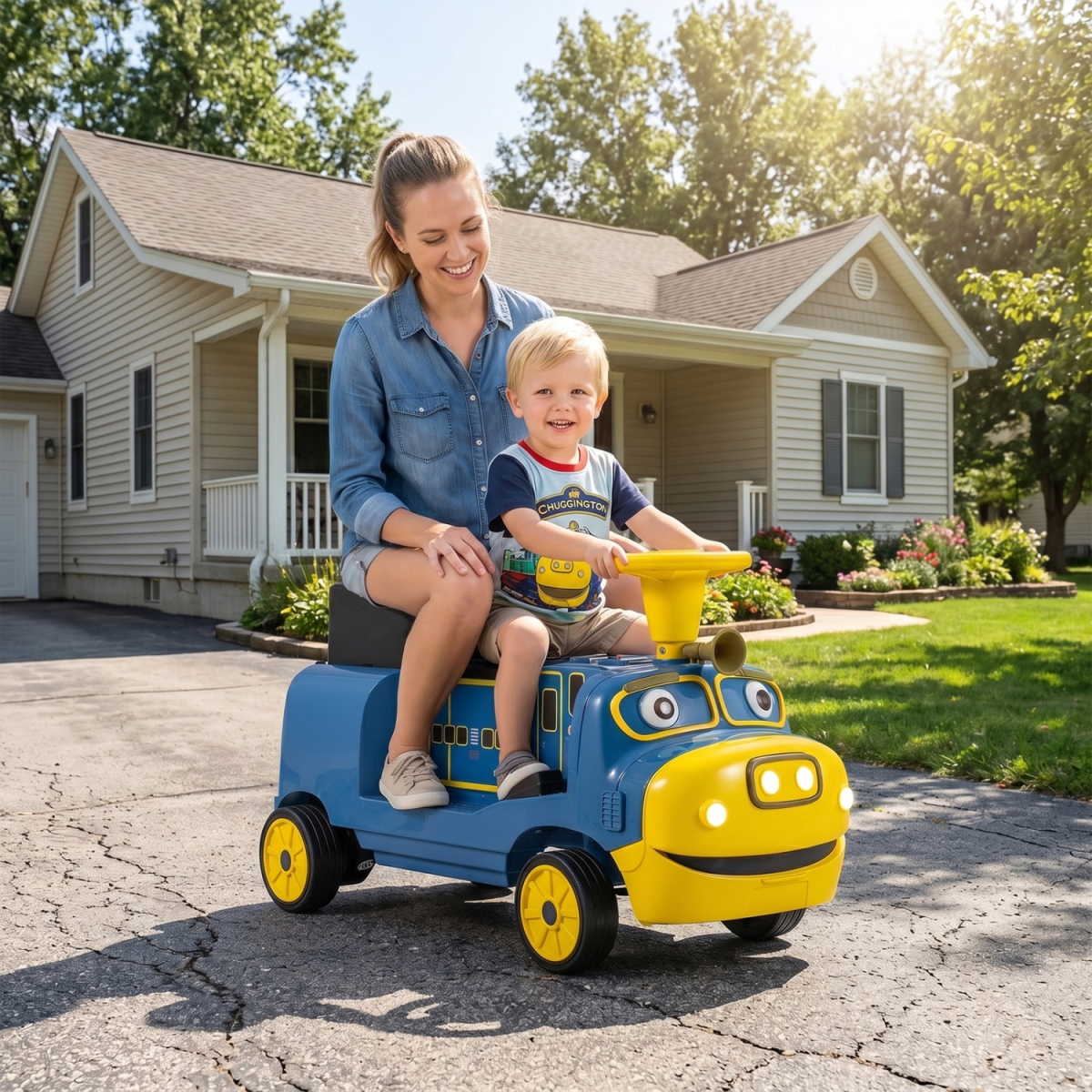 TQ10544US-NY 12V 2-Seater Kids Ride on Train with Height Adjustable Seat & Music Licensed Chuggington - Blue