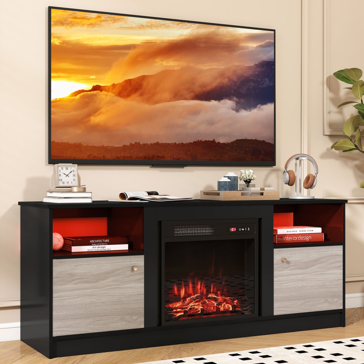 FP11034US-HV10859US-DK- Entertainment Center with Adjustable Shelf & Open Compartment for 65 in. TVs - Style 1