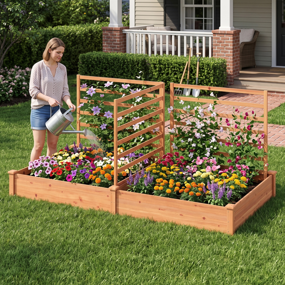 GT4322OR Raised Garden Bed with 2 Planter Boxes & 3 Trellis - Oak