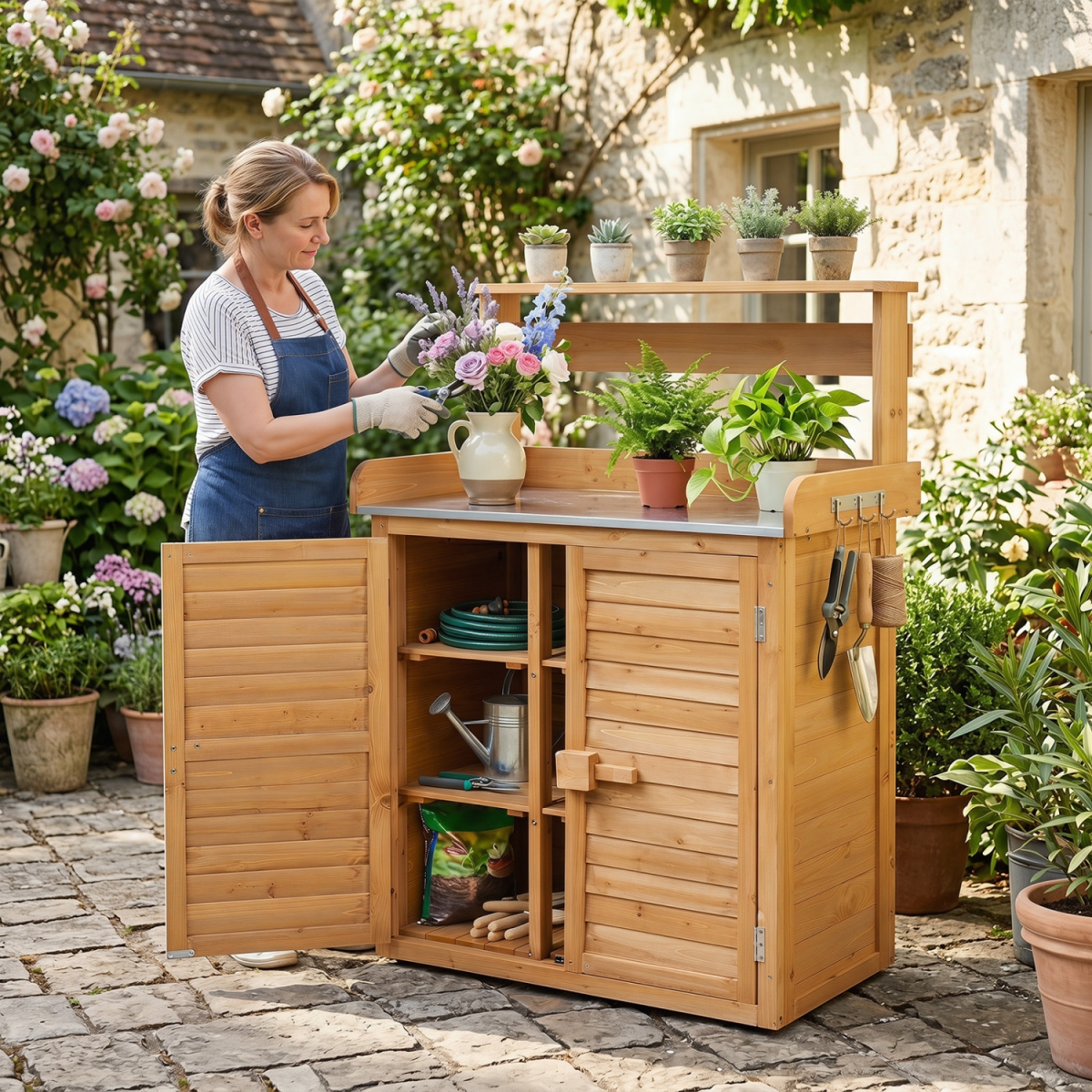 GT4720YW Wood Plant Workstation with Stainless Steel Tabletop & Removable Shelves - Natural