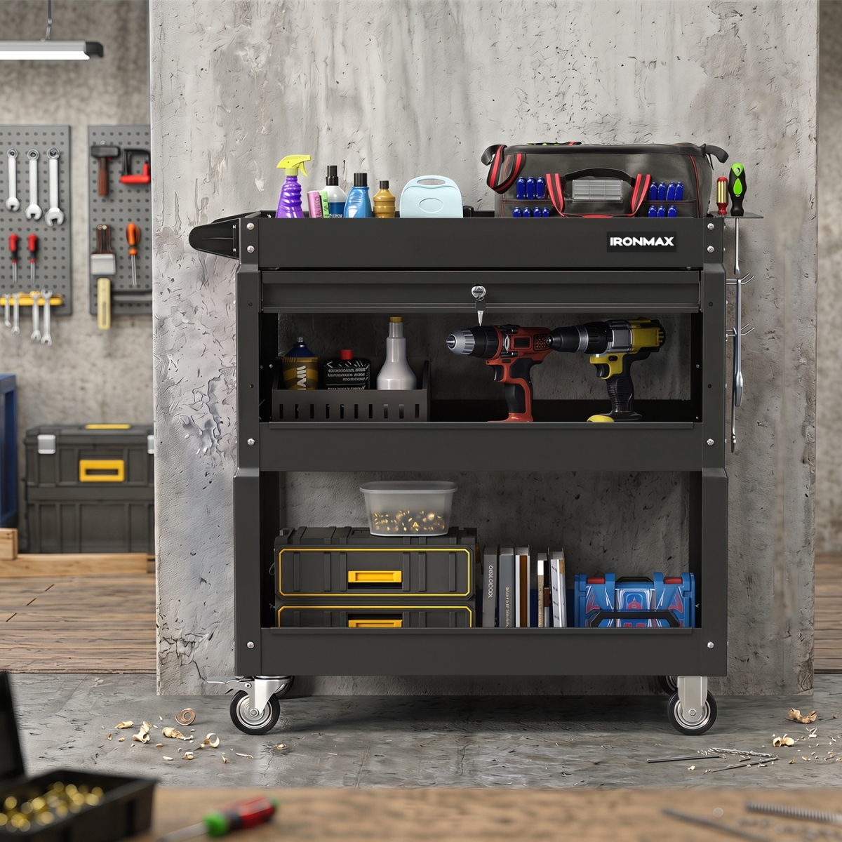 GT4803DK 3 Tier Rolling Tool Cart with Lockable Drawer for Garage & Workshop - Black