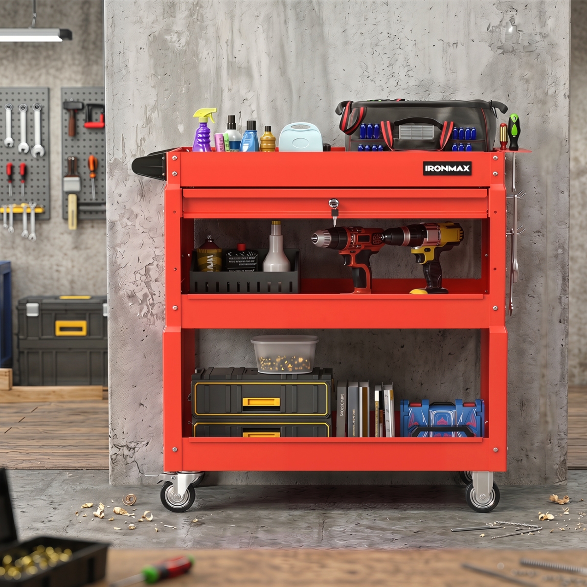 GT4803RE 3 Tier Rolling Tool Cart with Lockable Drawer for Garage & Workshop - Red