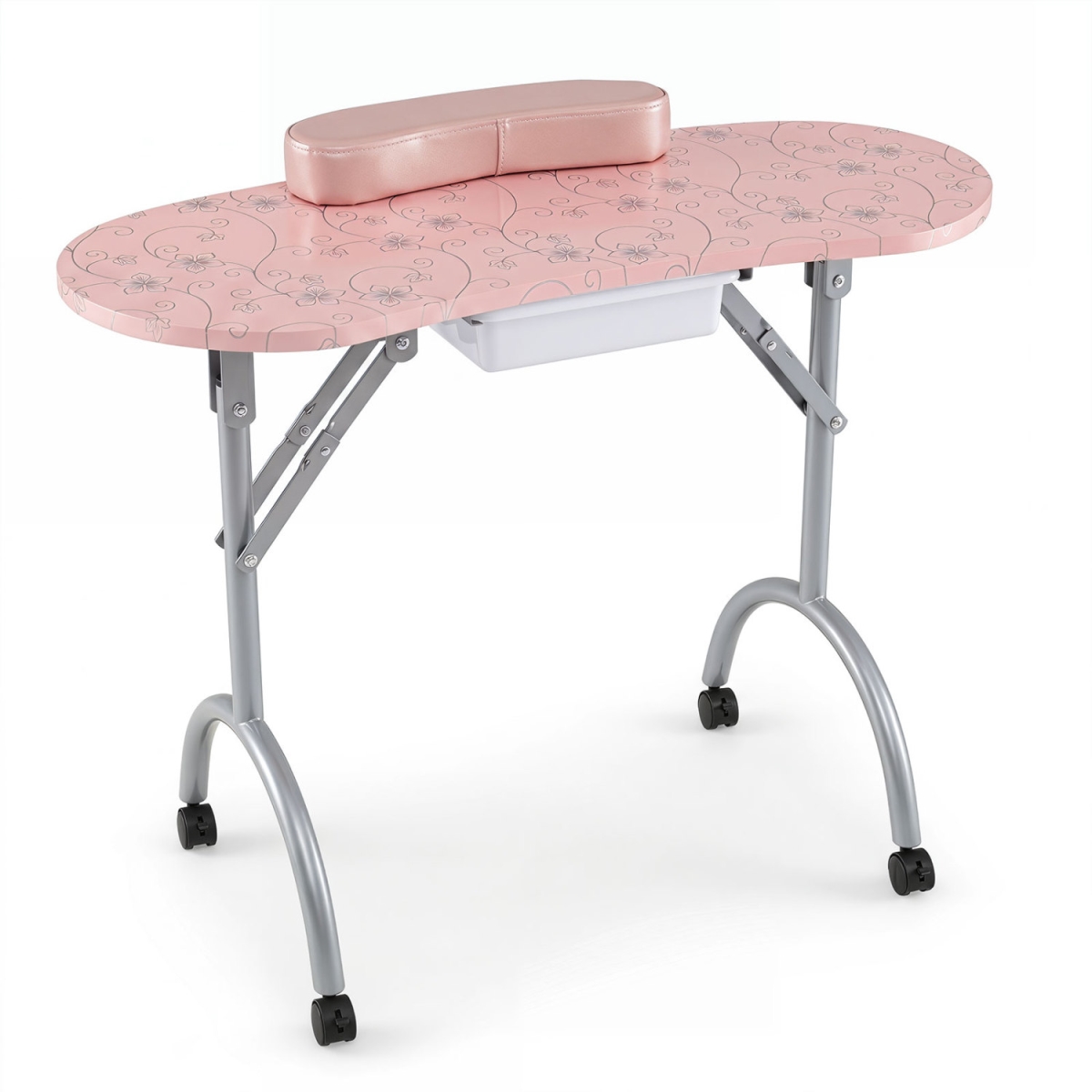 HB86951PI Foldable Portable Manicure Table with Drawer Casters & Cushion - Pink