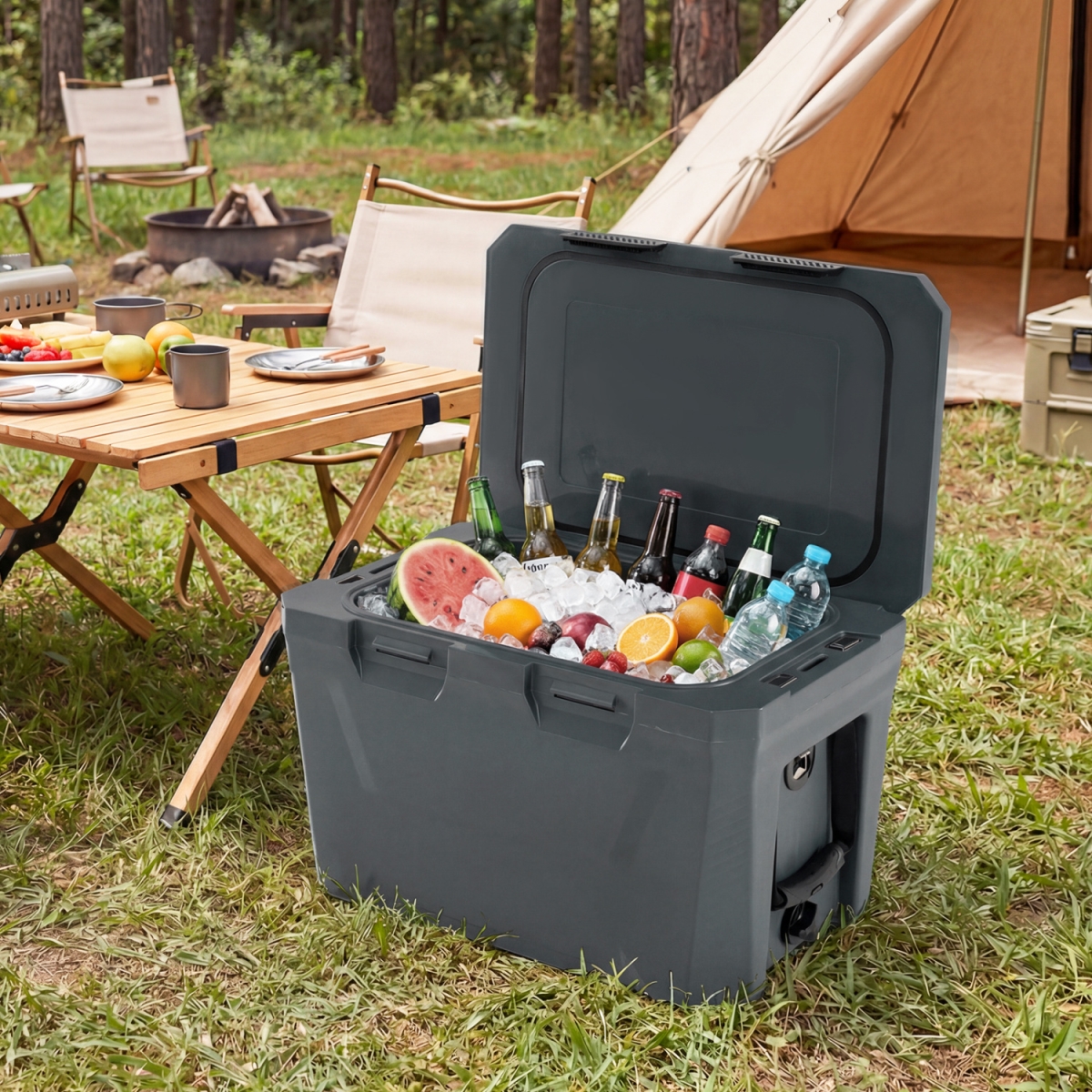 GP11796GR Insulated Portable Cooler Hard Shell Ice Chest with 2 Cup Holders Bottle Opener & Drain Plug - Gray