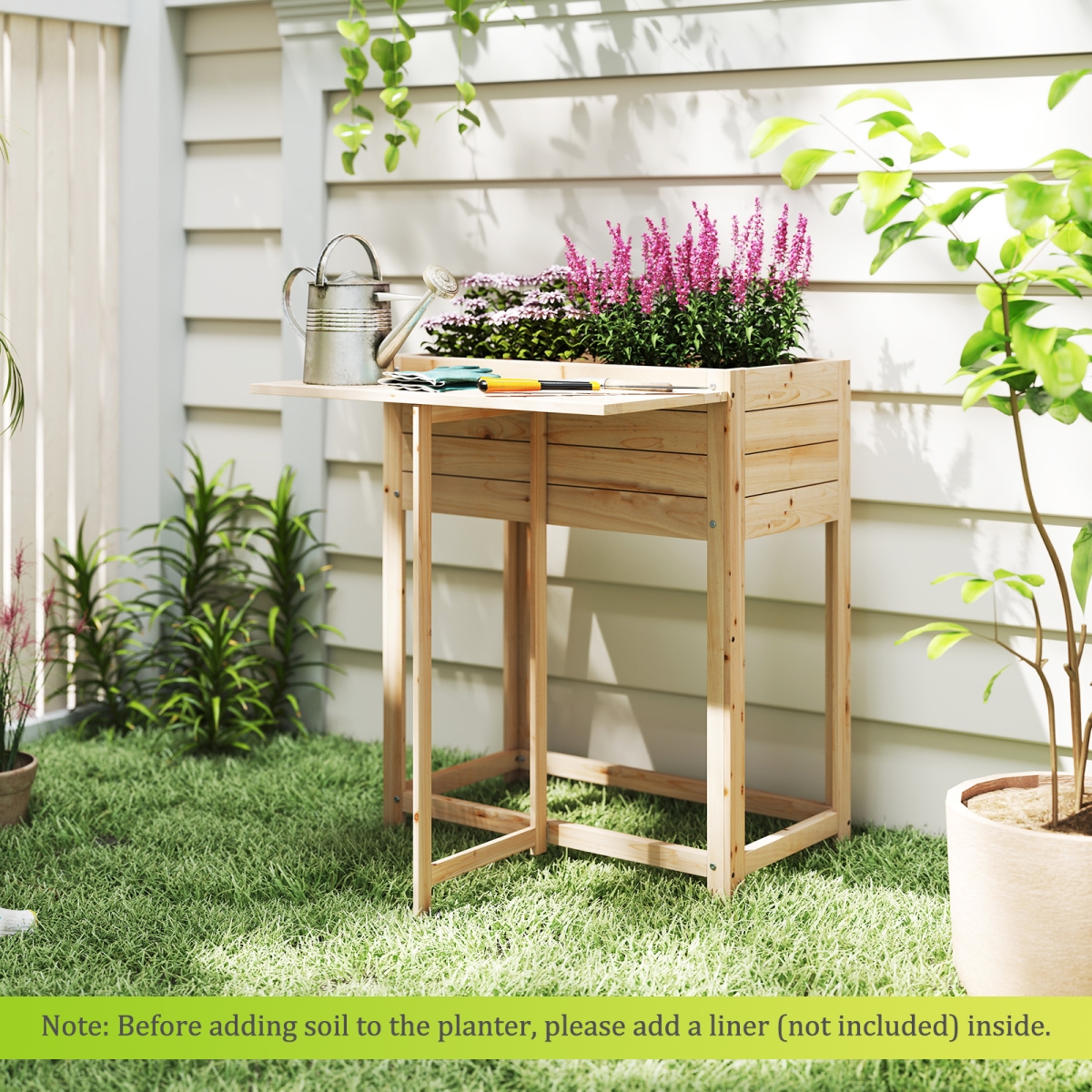 GT4432 Wooden Raised Garden Bed with Legs & Foldable Side Table