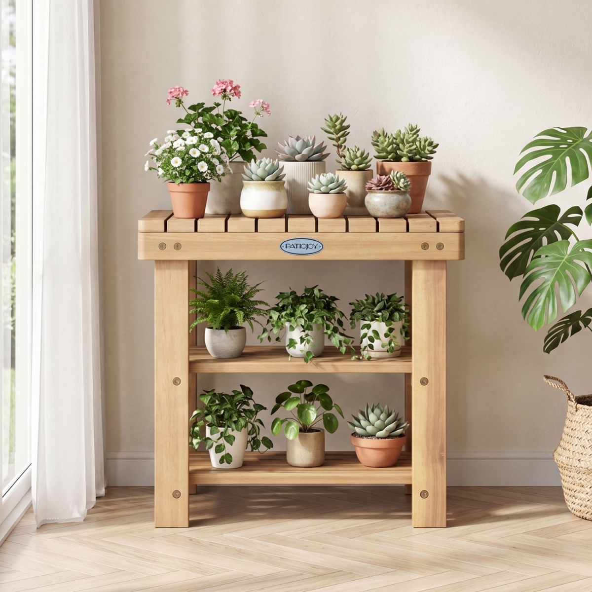JV14256 3-Tier Solid Wood Shoe Rack Bench with Slatted Shelves - Small