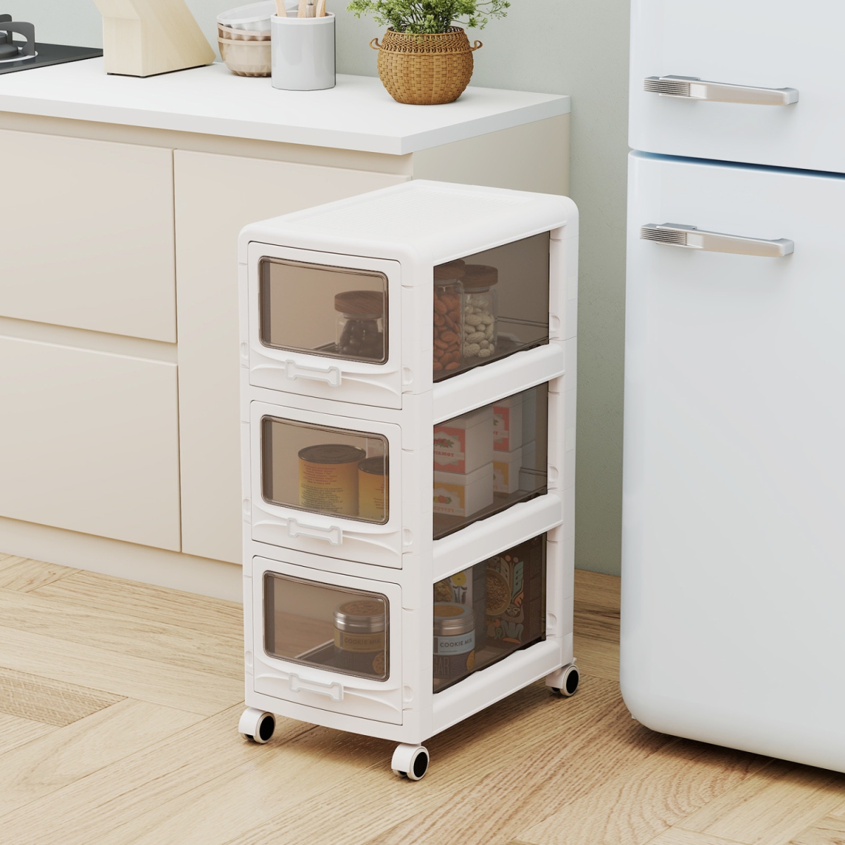 JV14286WH-3 3-Tier Plastic Storage Organizer Rolling Cart with 3 Drawers & Lockable Wheels