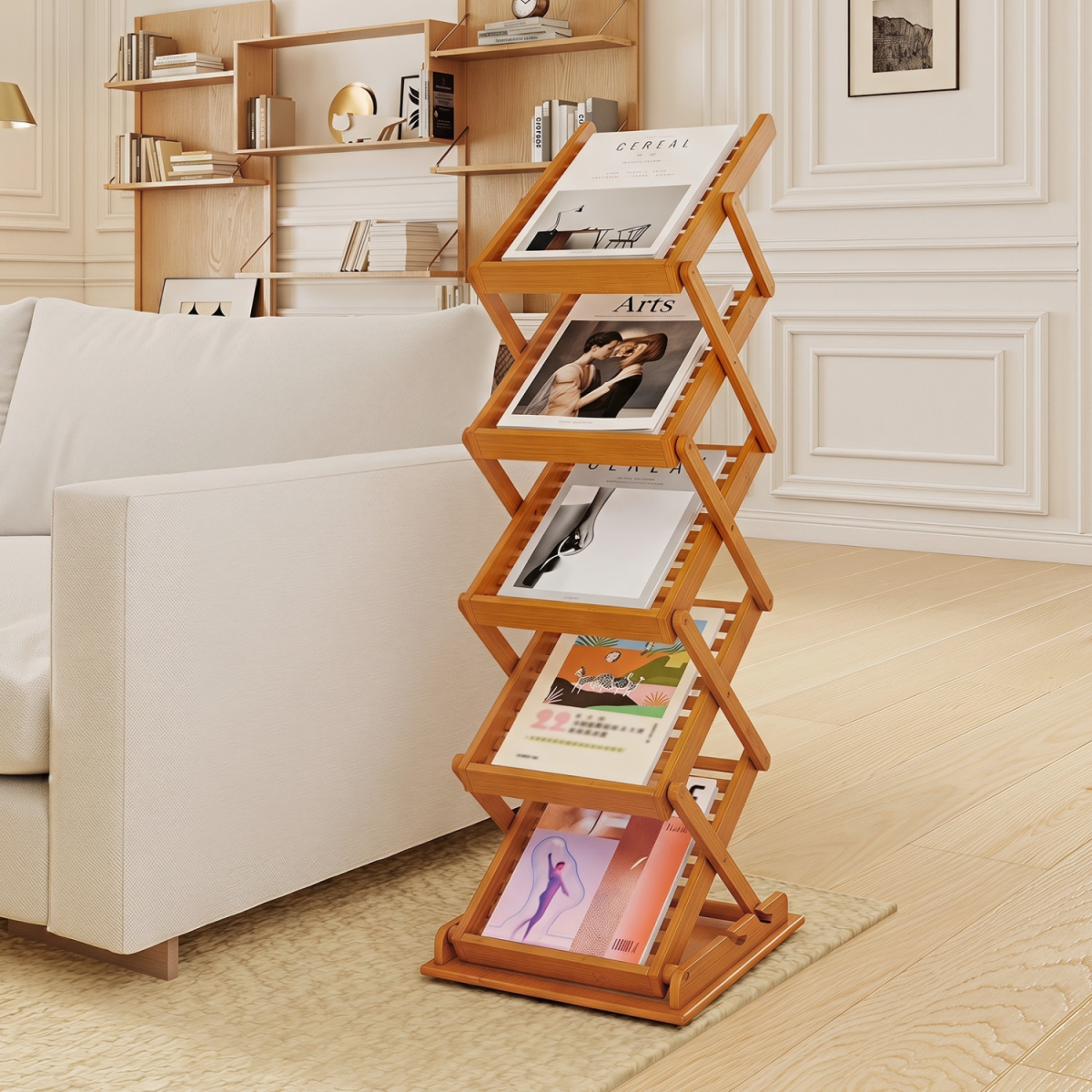 JV14503CF Foldable Bamboo Magazine Rack with 2 Adjustable Positions - Walnut