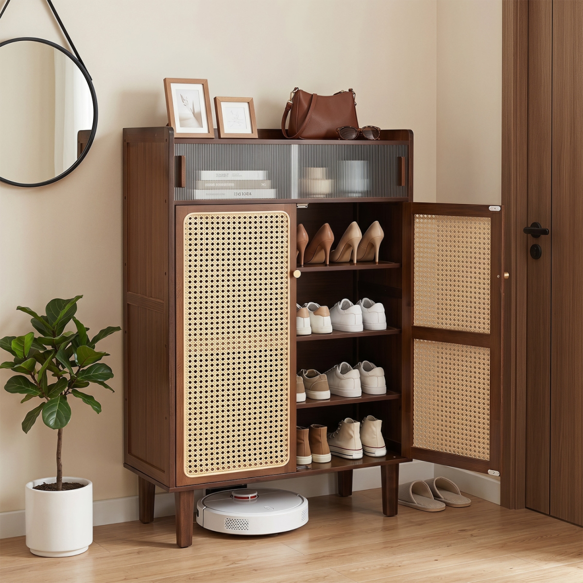 JV14504CF 5-Tier Bamboo Shoe Cabinet with Woven Rattan Doors & Sliding Doors for Entryway - Walnut