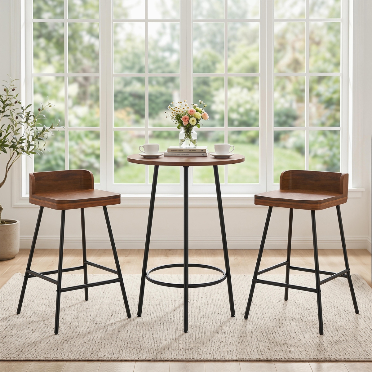 JV14548BN-2 Counter Height Bar Stool with Low Back Metal Legs & Footrest for Kitchen Island - Brown - Set of 2