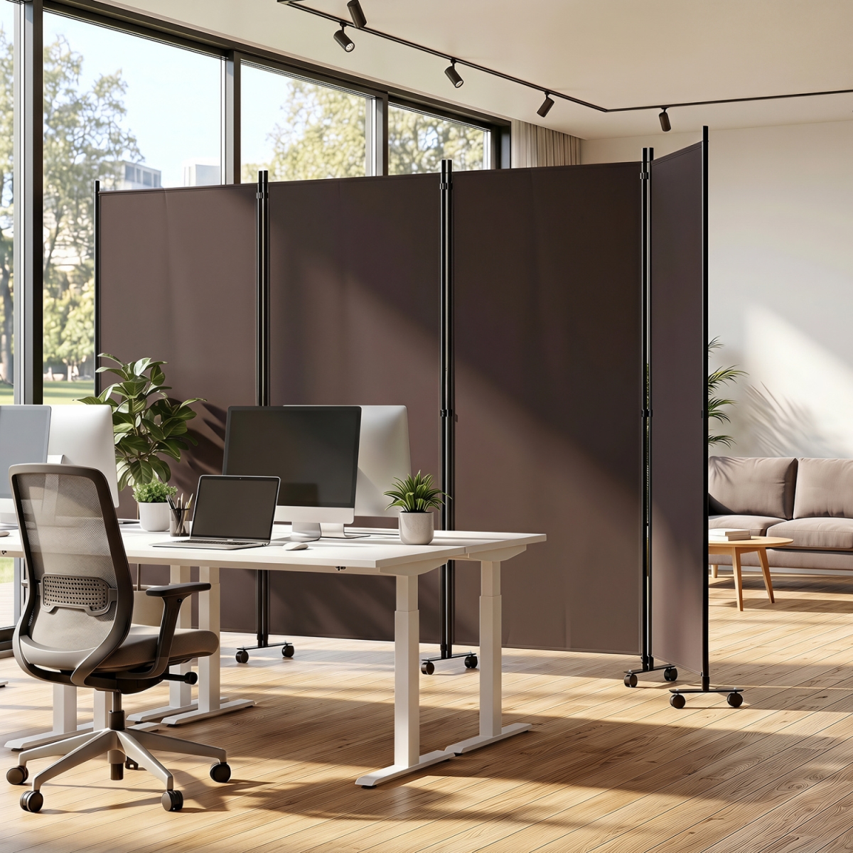 JV14584CF 4 Panel Folding Privacy Screen Room Divider with Wheels - Brown