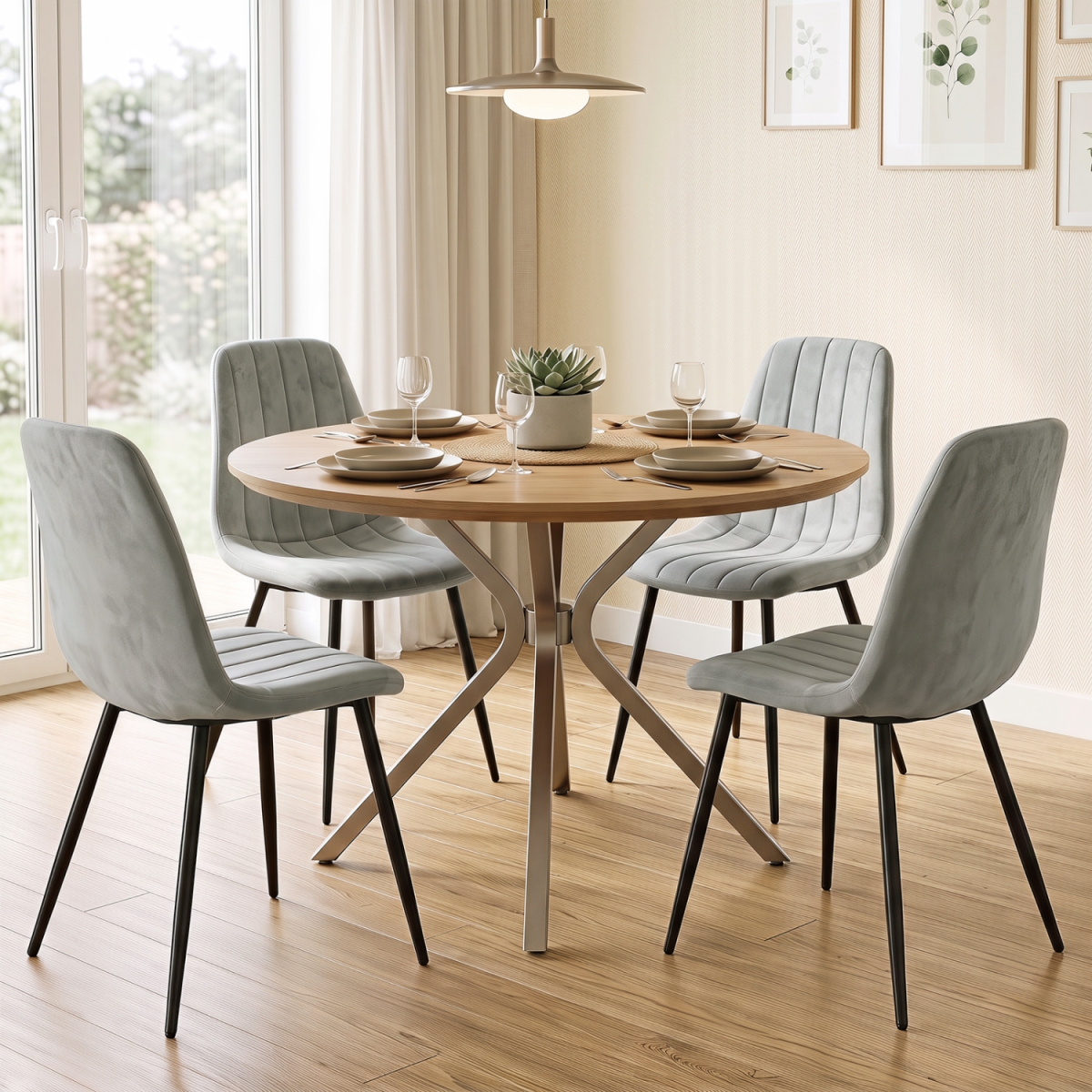 JV14653GR-4 Upholstered Fabric Dining Chairs with Sturdy Metal Legs & Curved Backrest - Gray - Set of 4