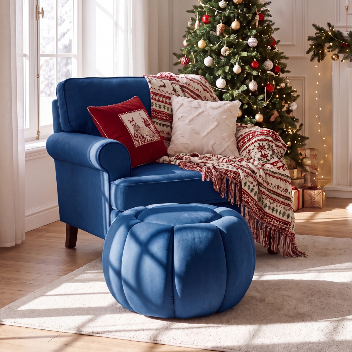 JV14655BT-BL Pumpkin Ottoman with Hidden Storage & Removable Lid - Blue