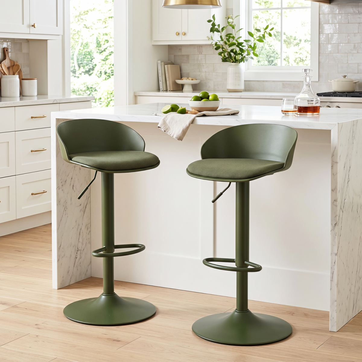 JV14658GN-2 Adjustable Swivel Bar Stools with Back & Footrest 330 lbs for Dining - Green - Set of 2
