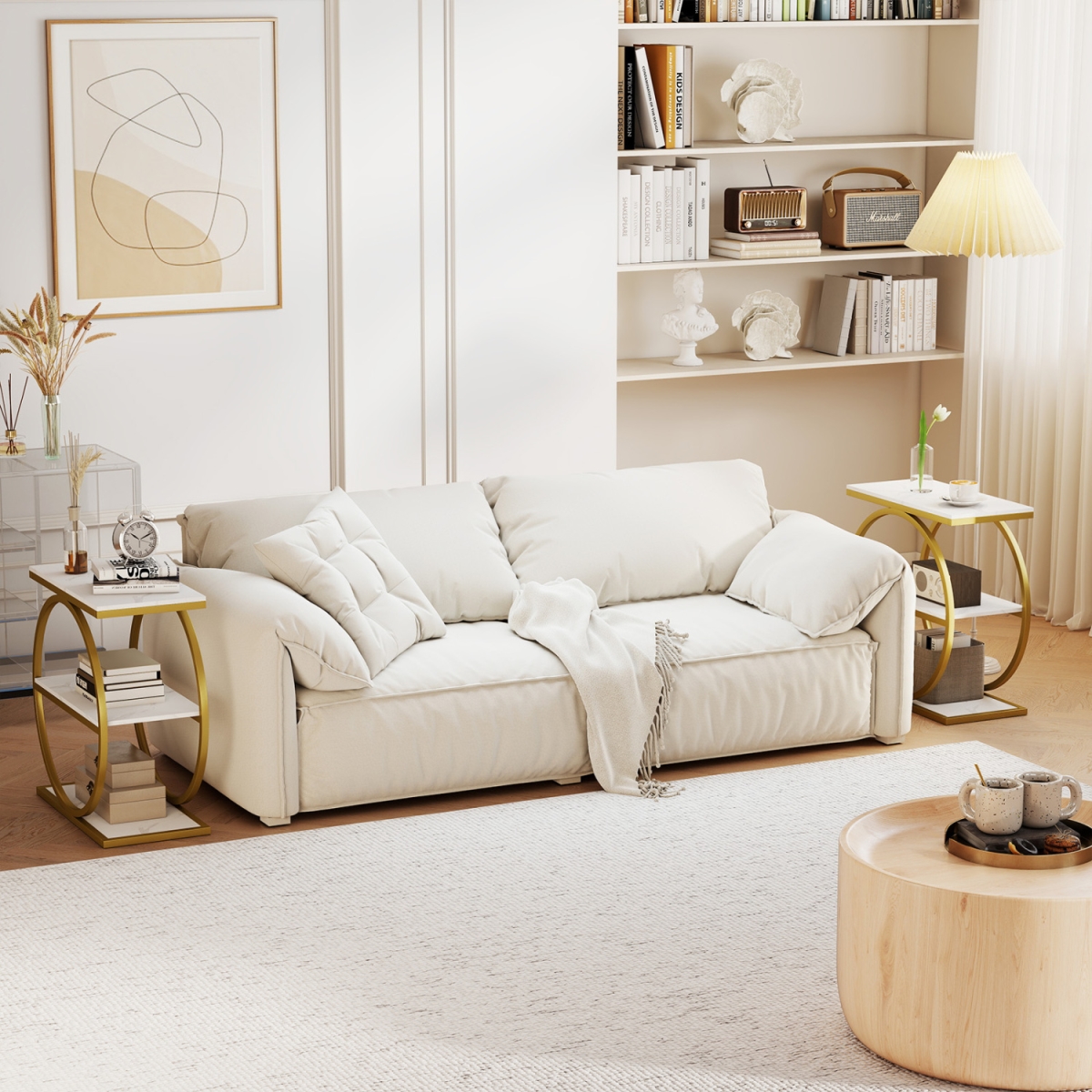 JV14725WH-2 Industrial Faux Marble Side Table with Metal Frame for Small Spaces - White - Set of 2