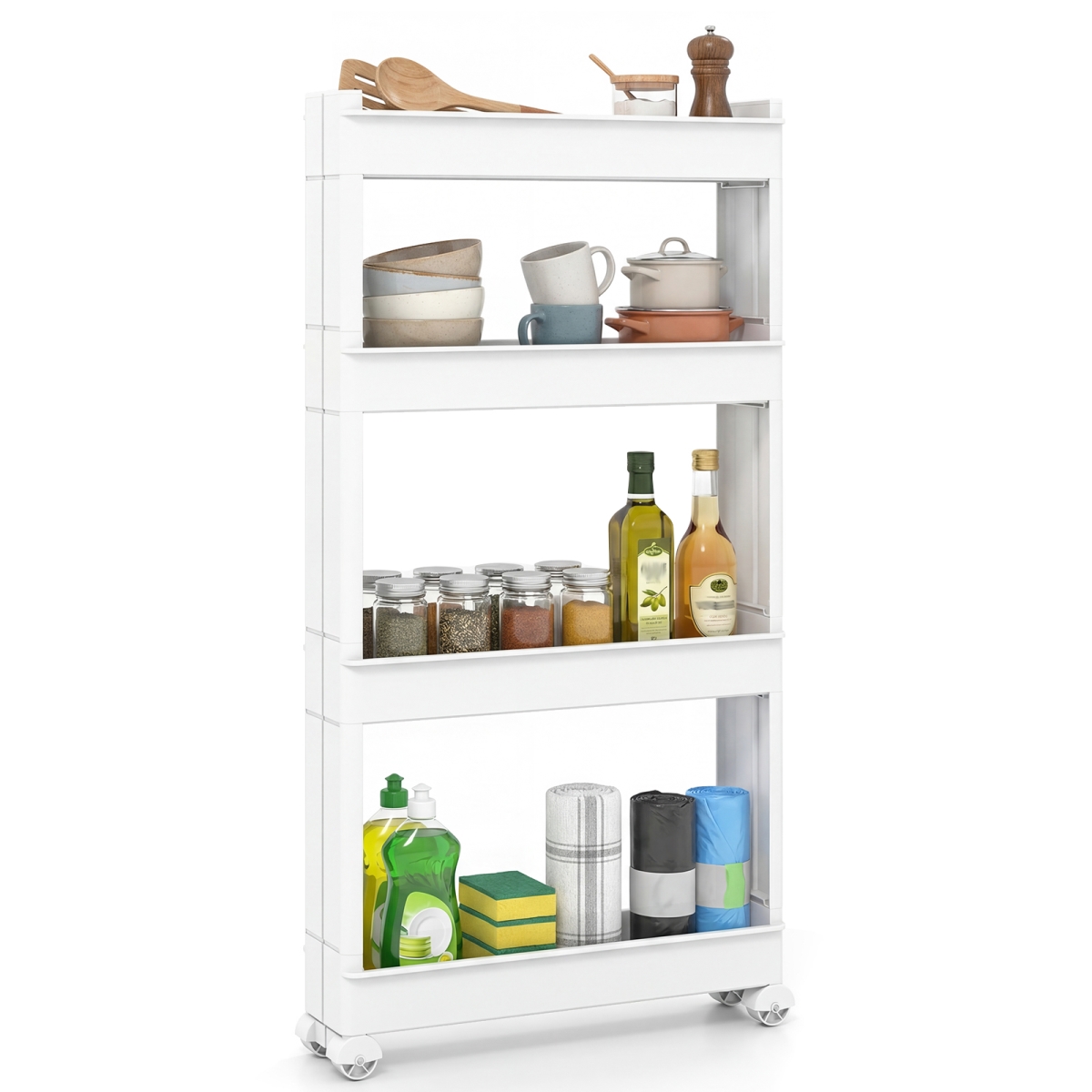 JZ10481WH 4-Tier Multifunctional Slim Storage Trolley with Detachable Trays - White