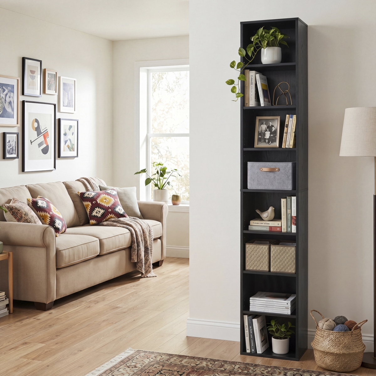 JZ10522DK 8-Tier Narrow Bookshelf with 4 Adjustable Shelves & Storage Cubes - Black