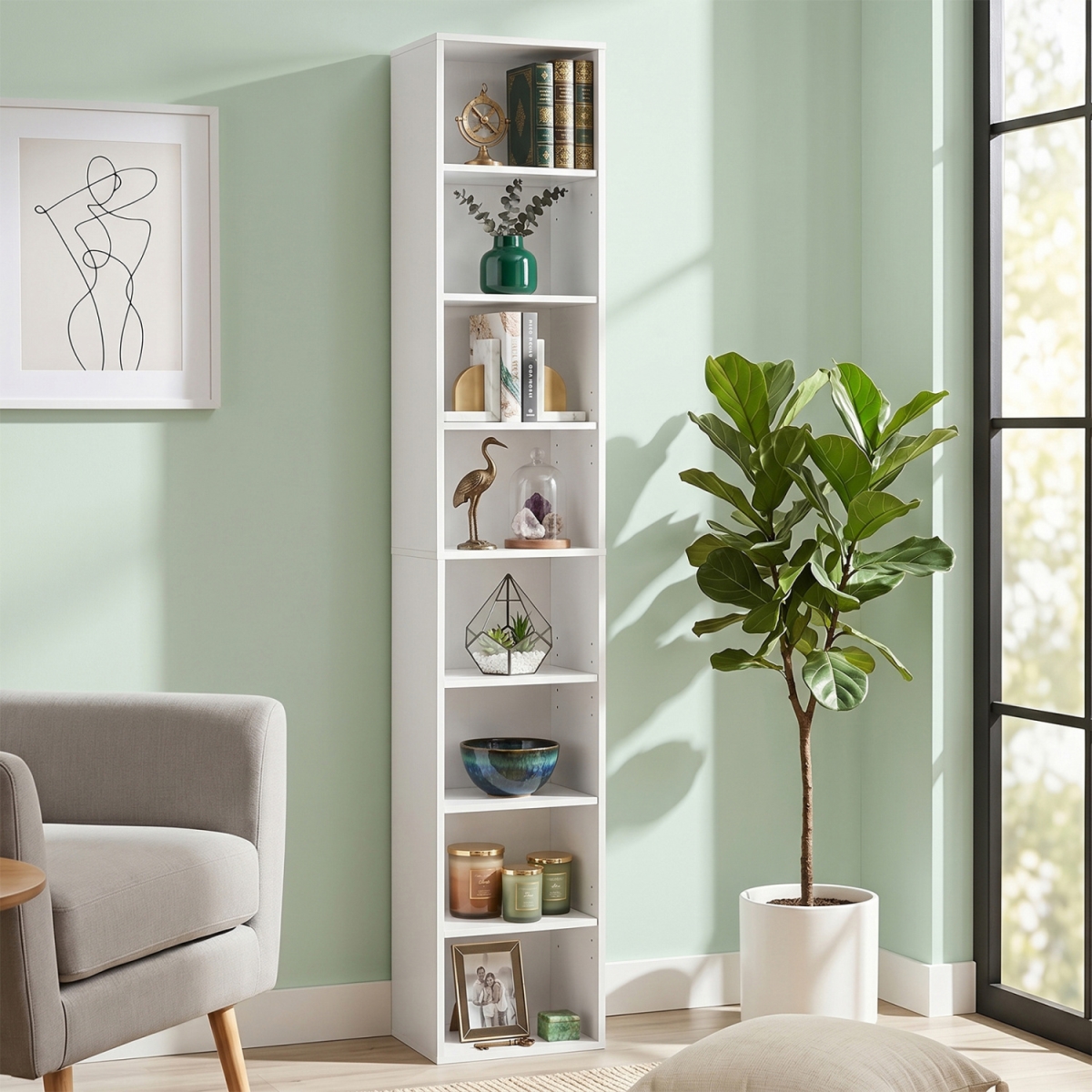 JZ10522WH 8-Tier Narrow Bookshelf with 4 Adjustable Shelves & Storage Cubes - White