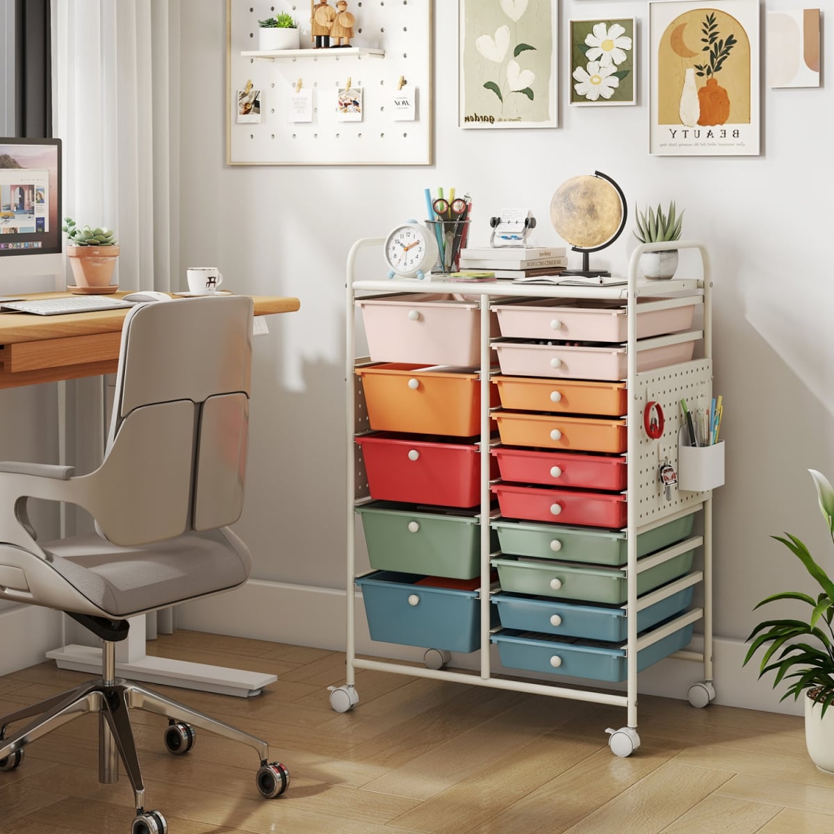 JZ10567GW 15-Drawer Rolling Storage Cart with Metal Tabletop & Pegboard - Macaron