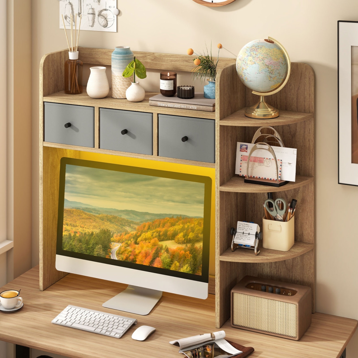 JZ10592TY-NA Desktop Bookshelf with LED Lights 5-Tier Shelves & 3 Drawers for Home Office - Natural