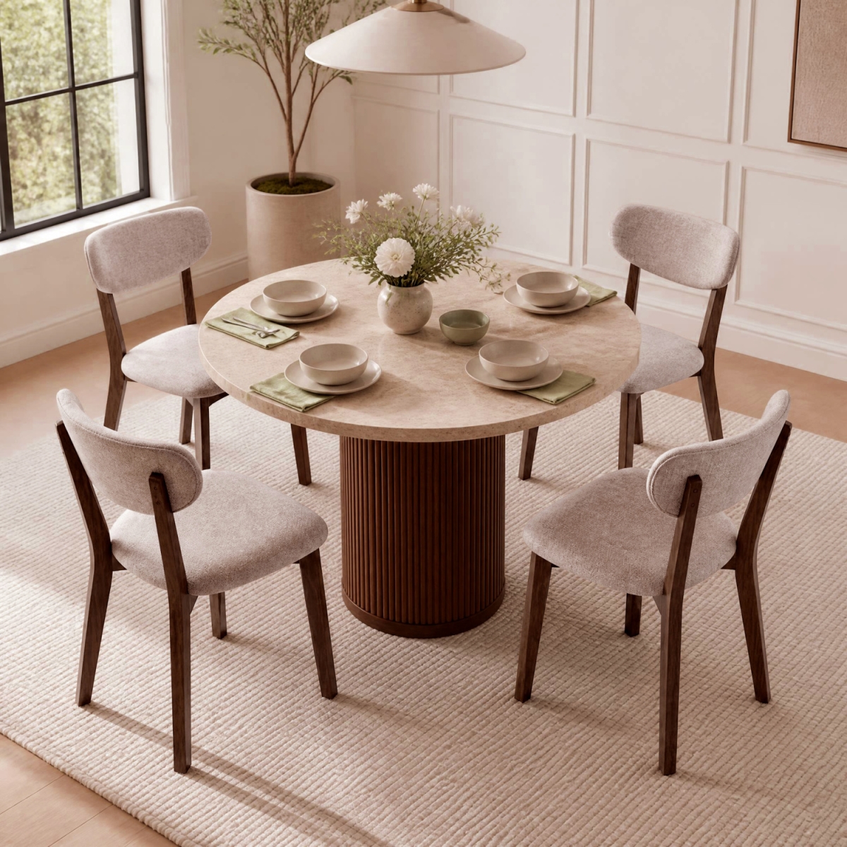 KC58417BN-22 4 Upholstered Chairs with Solid Rubber Wood Frame & Curved Backrest for Dining Room - Brown