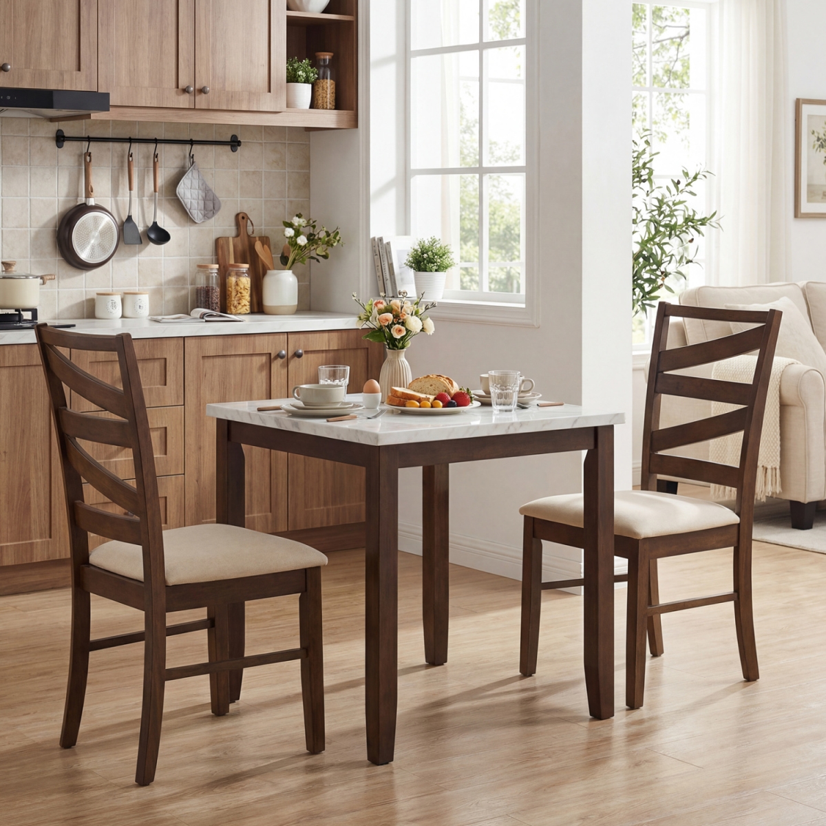 KC59467BN-2 Dining Chairs with Backrests & Rubber Wood Frames - Brown - Set of 2
