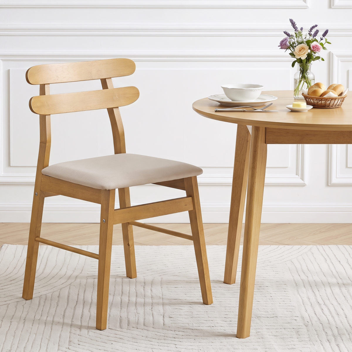 KC59705NA-2 Upholstered Dining Chairs with Padded Seat & Solid Wood Legs - Natural - Set of 2
