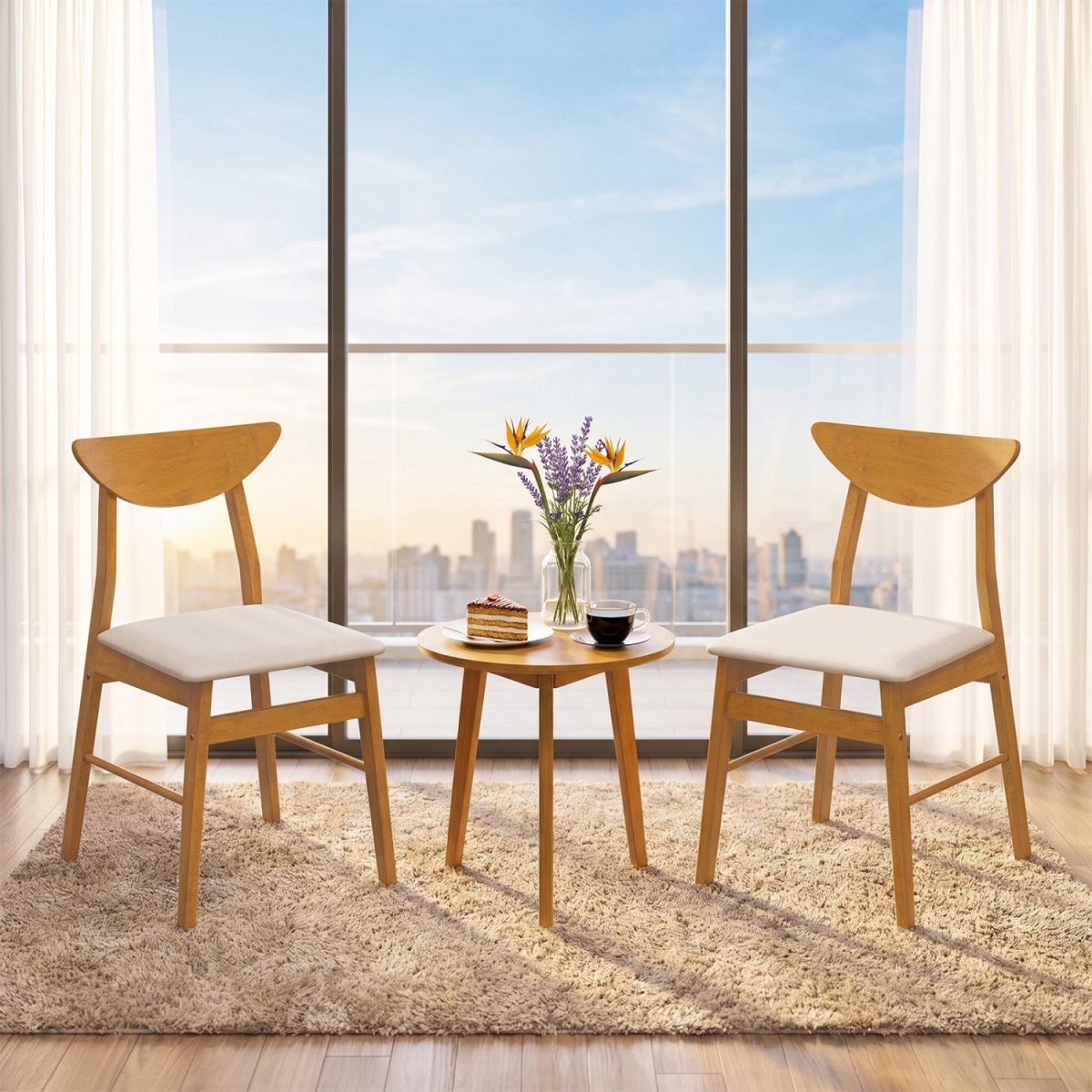 KC59706NA-2 Upholstered Dining Chairs with Curved Backrest & Rubber Wood Frame - Natural - Set of 2