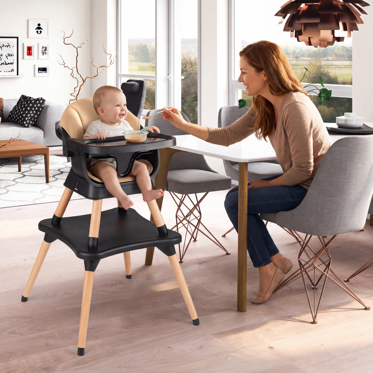 BE10072CF 9-in-1 Convertible High Chair with Solid Wood Legs for Babies & Toddlers - Black