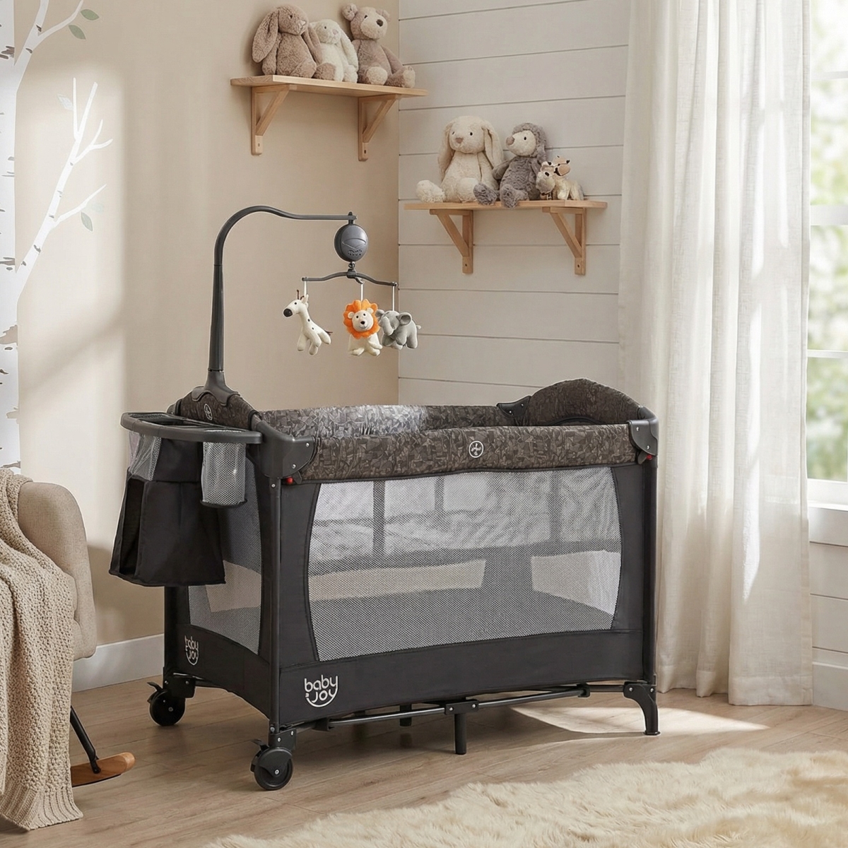 BE10078GR 5-in-1 Bedside Bassinet with Diaper Changer & Mattress - Gray