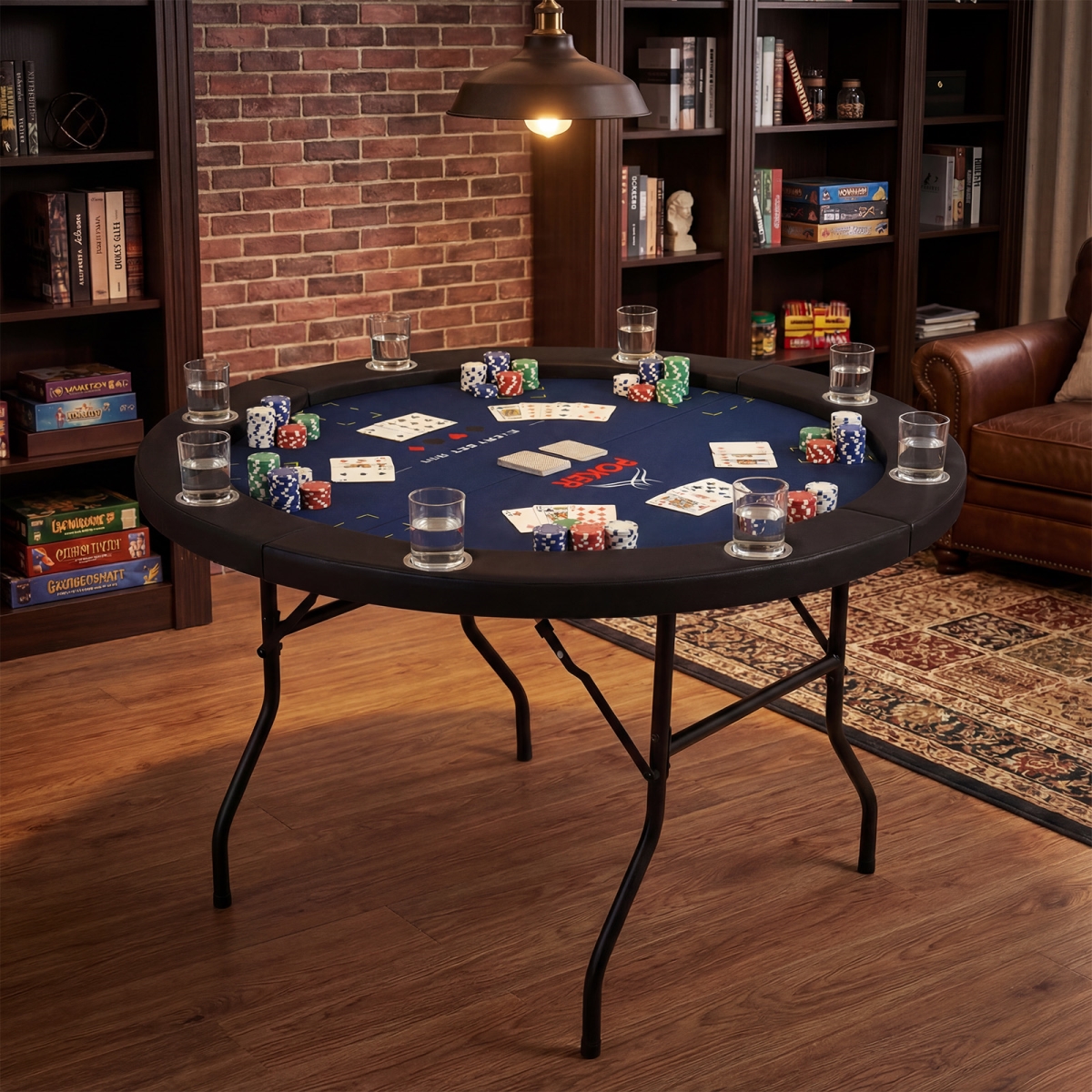 UY10253BL 48 in. Foldable Poker Table with 8 Cup Holders & Padded Edges - Blue