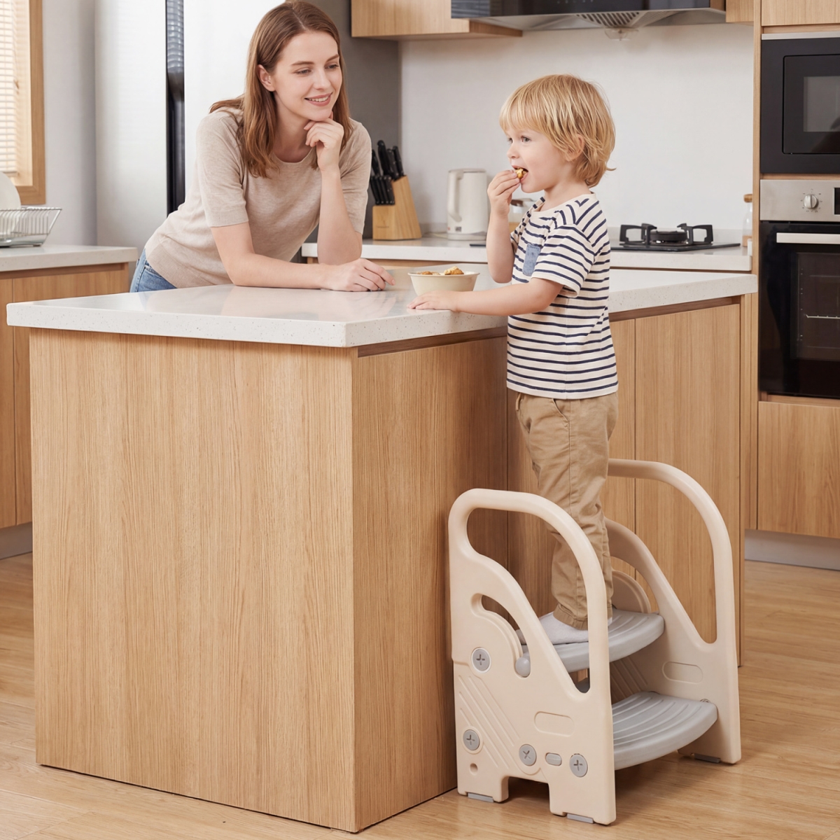 UY10254GR Adjustable 2-Step Kids Helper Stool with Safety Handles & Non-Slip Pads for Bedroom - Gray