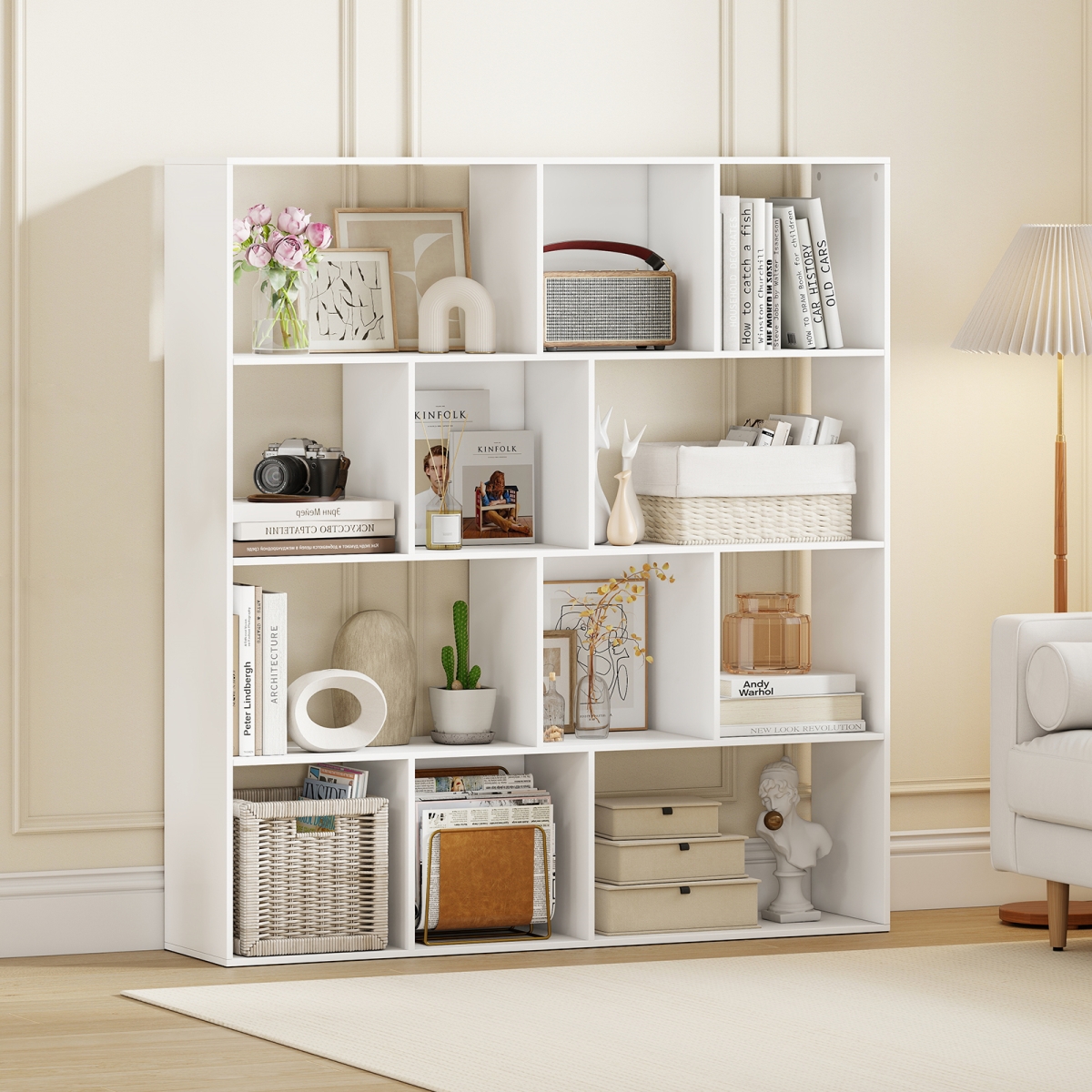 CB11007WH Open Shelf Bookcase 4-Tier Modern Bookshelf with 12 Storage Compartments - White