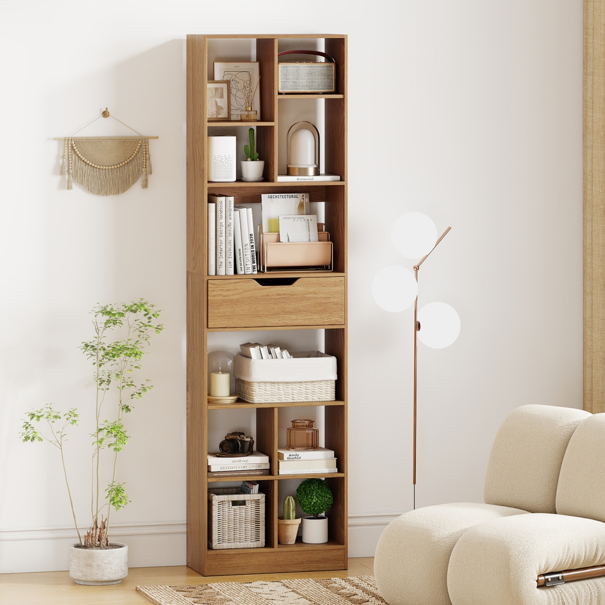 CB11034NA 71 in. Tall Freestanding Bookcase with Drawer 10-Cube Storage Organizer - Natural
