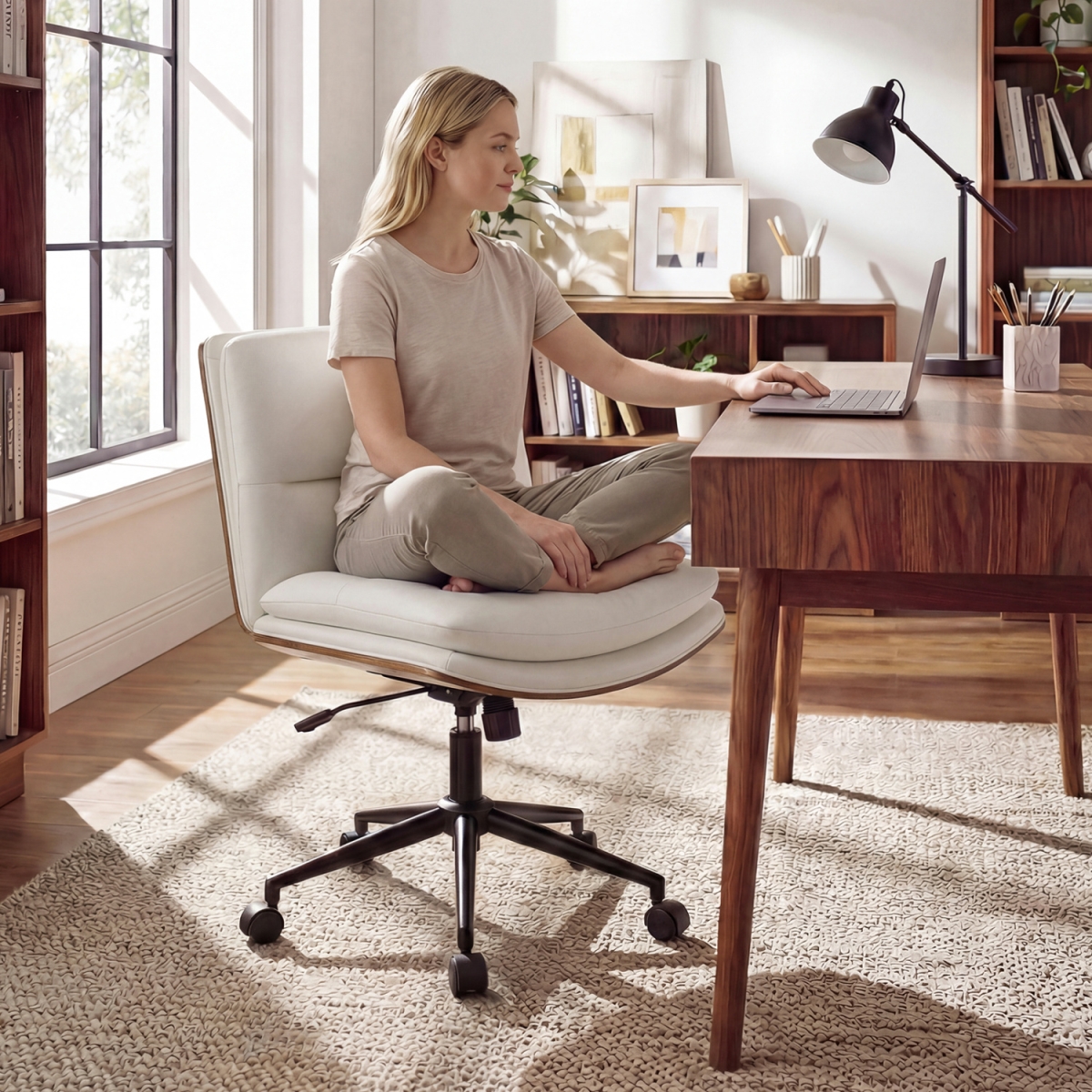 CB11157WH Armless Office Chair with Curved Backrest & Padded Seat - White