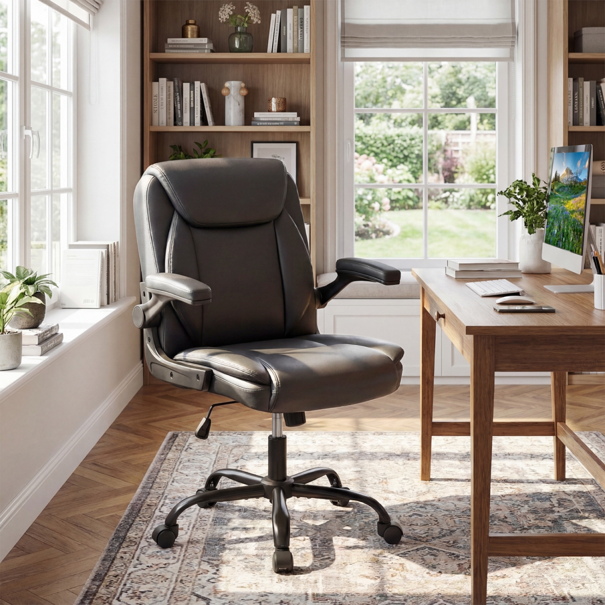 CB11166DK Ergonomic Leather Office Chair with Flip-Up Armrests & Rocking Function - Black