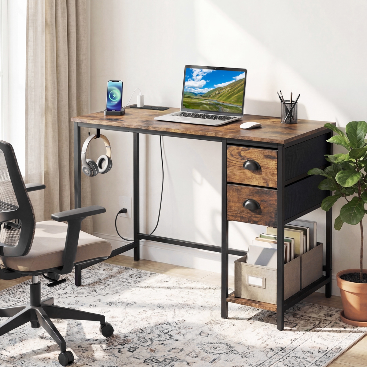 CB11177US-CF Computer Desk with Charging Station & 2 Fabric Drawers for Small Spaces - Rustic Brown