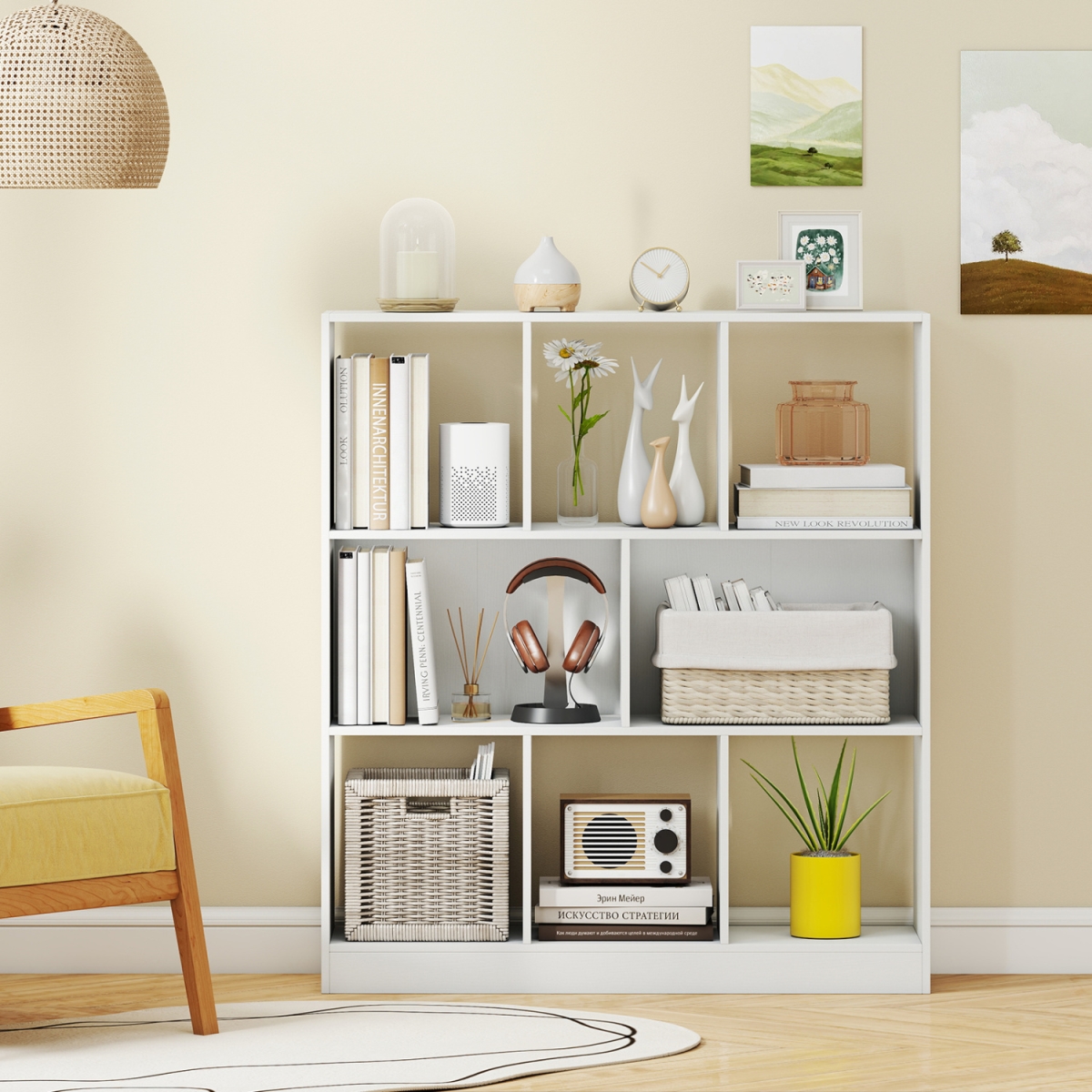 CB11227WH 8-Cube Bookcase 3-Tier with 2-Sized Compartments & Anti-Tip Kits for Living Room - White