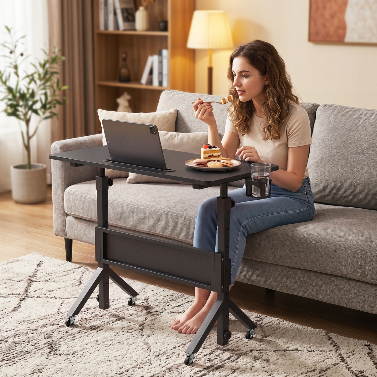 CB11285DK Mobile Standing Desk Height Adjustable Rolling Laptop Desk with Cup Holder Storage Basket - Black