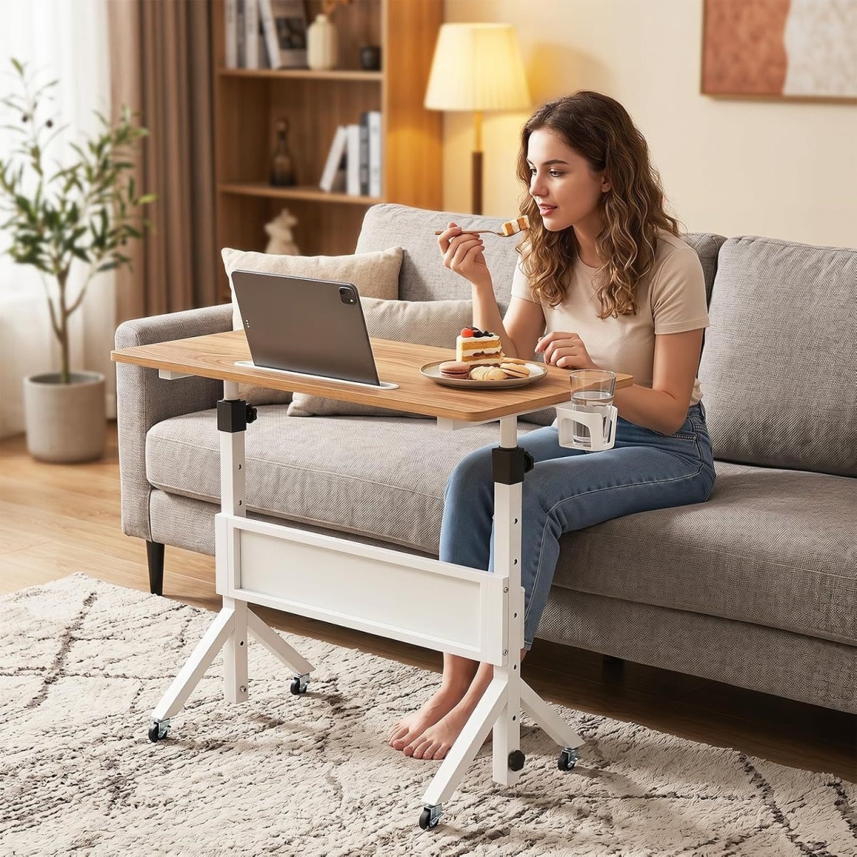 CB11285NA Mobile Standing Desk Height Adjustable Rolling Laptop Desk with Cup Holder Storage Basket - Natural
