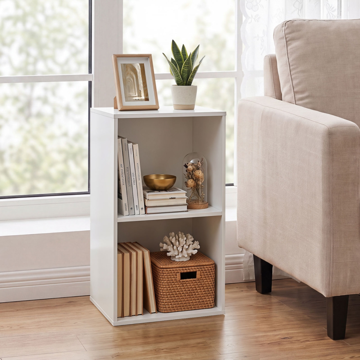 CB11289TY-WH 2-Cube Vertical or Horizontal Freestanding Bookshelf with 2 Compartments & 2 Anti-Tipping Kits for Home Office - White