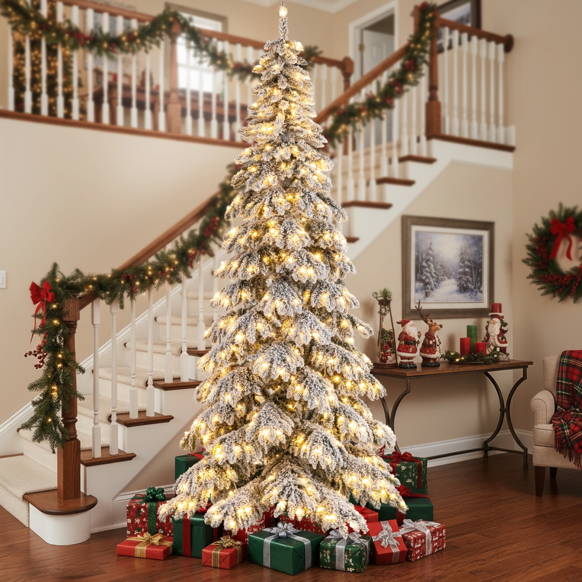 CM25523US 9 ft. Pre-Lit Artificial Hinged Xmas Tree with Quick Power Connectors - White