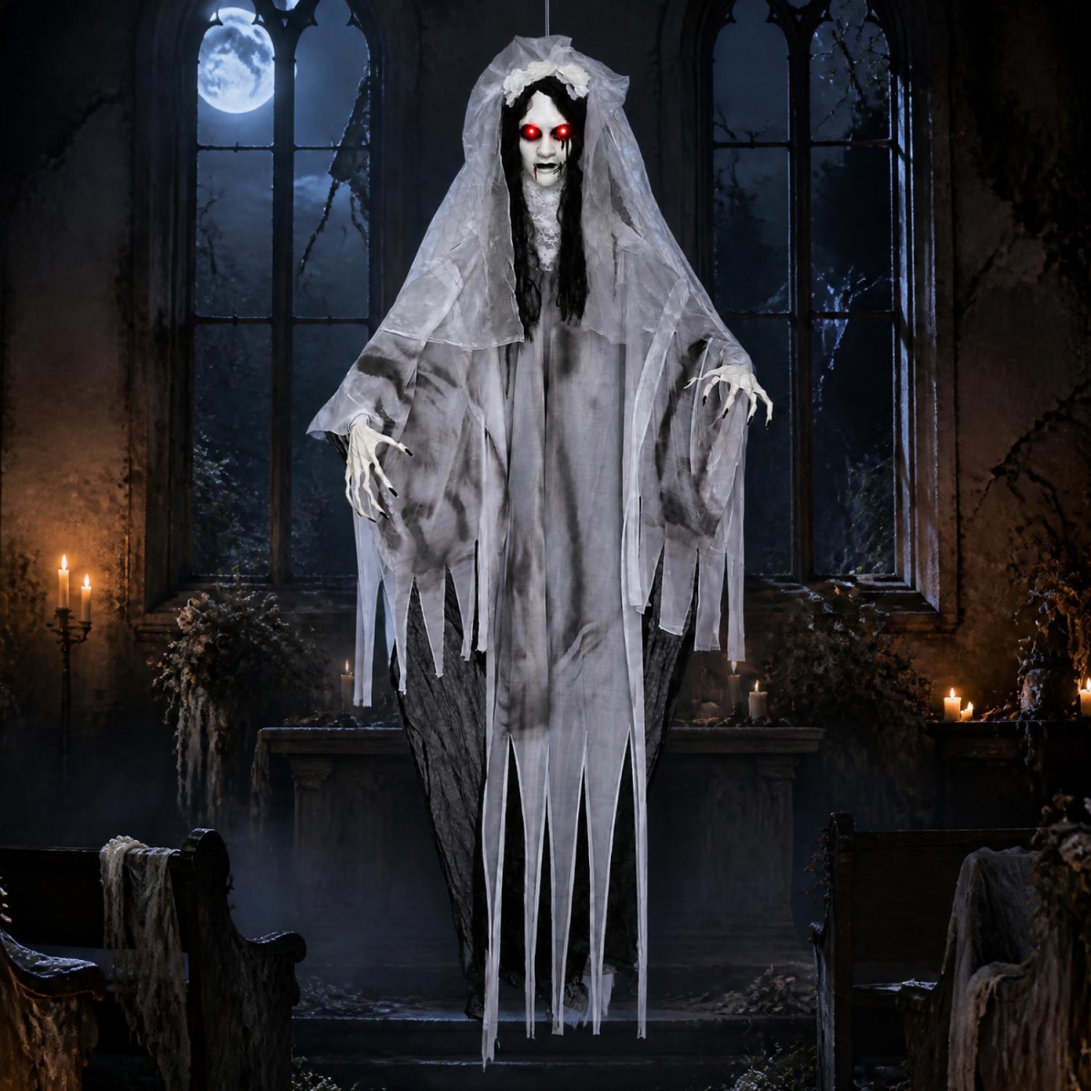 CM25671 6 ft. Ghost Bride Halloween Decoration with Creep Sound & Lighted Eyes - Black & White