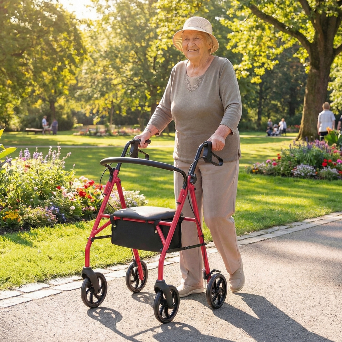 JH10062RE Rollator Walker with Seat & Height Adjustable Handles - Red